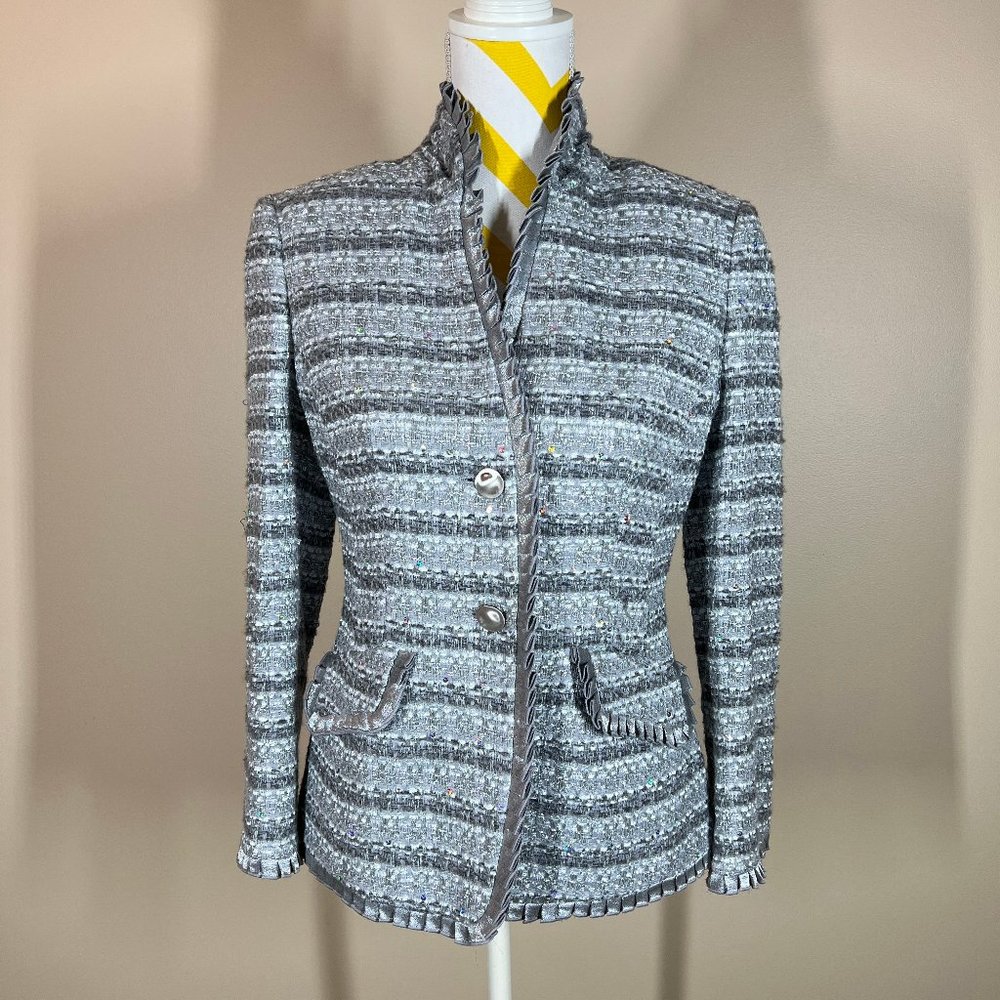 Worth Gray Tweed Fringe Trim Blazer Jacket